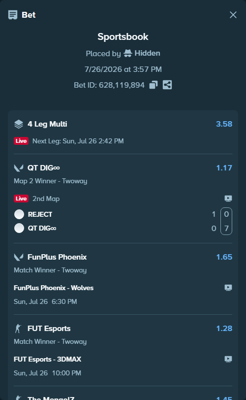 Bet slip: REJECT - QT DIG∞, $17,177.16 stake at 1.17 odds, placed by Hidden