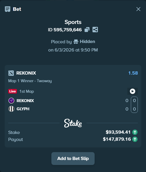 Bet slip: REKONIX - GLYPH, $93,688.00 stake at 1.58 odds, placed by Hidden