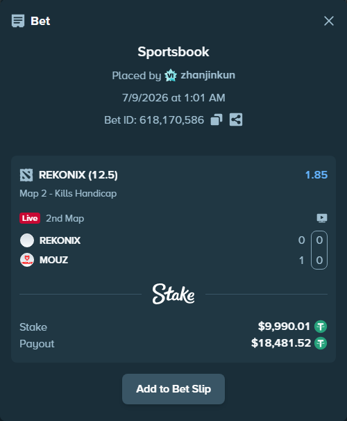 Bet slip: REKONIX - MOUZ, $10,000.00 stake at 1.85 odds, placed by zhanjinkun