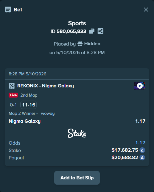 Bet slip: REKONIX - Nigma Galaxy, $13,458.09 stake at 1.17 odds, placed by Hidden