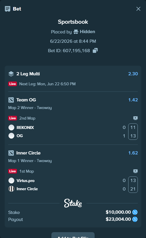 Bet slip: REKONIX - Team OG, $10,000.00 stake at 1.42 odds, placed by Hidden