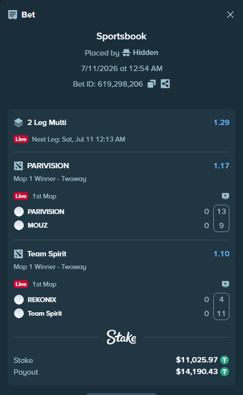 Bet slip: REKONIX - Team Spirit, $11,037.00 stake at 1.10 odds, placed by Hidden