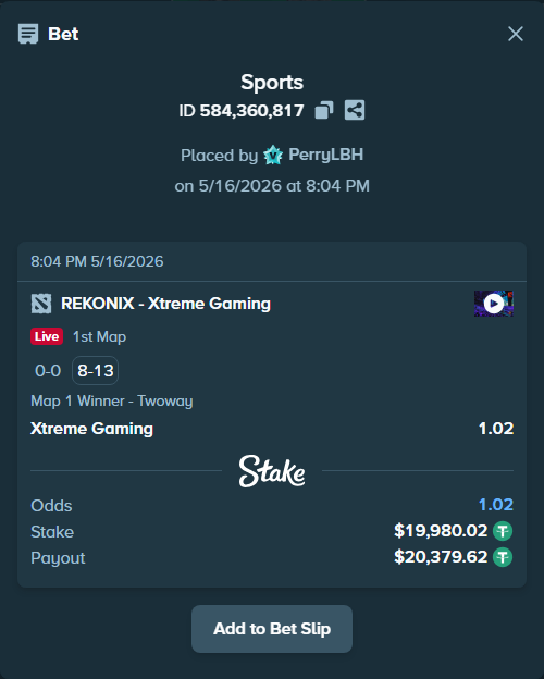 Bet slip: REKONIX - Xtreme Gaming, $20,000.00 stake at 1.02 odds, placed by PerryLBH