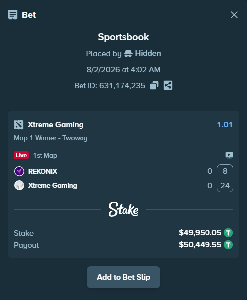 Bet slip: REKONIX - Xtreme Gaming, $50,000.00 stake at 1.01 odds, placed by Hidden