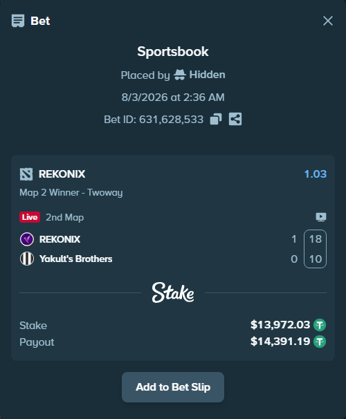 Bet slip: REKONIX - Yakult's Brothers, $13,986.00 stake at 1.03 odds, placed by Hidden