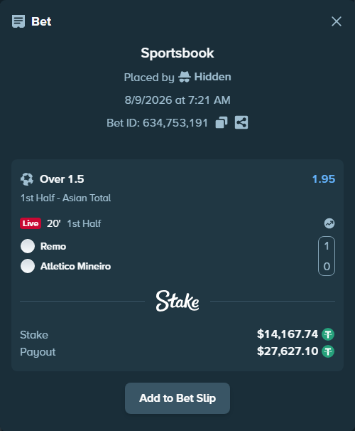 Bet slip: Remo - Atletico Mineiro, $14,181.91 stake at 1.95 odds, placed by Hidden