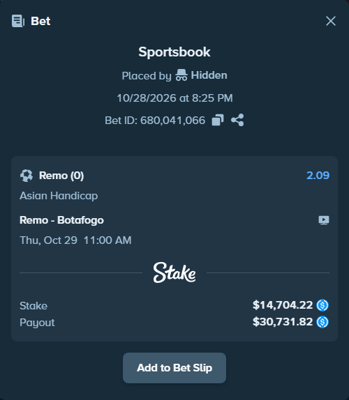 Bet slip: Remo - Botafogo, $14,704.22 stake at 2.09 odds, placed by Hidden