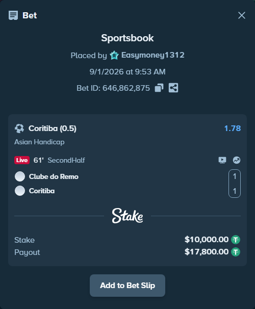 Bet slip: Remo - Coritiba, $10,000.00 stake at 1.78 odds, placed by Easymoney1312