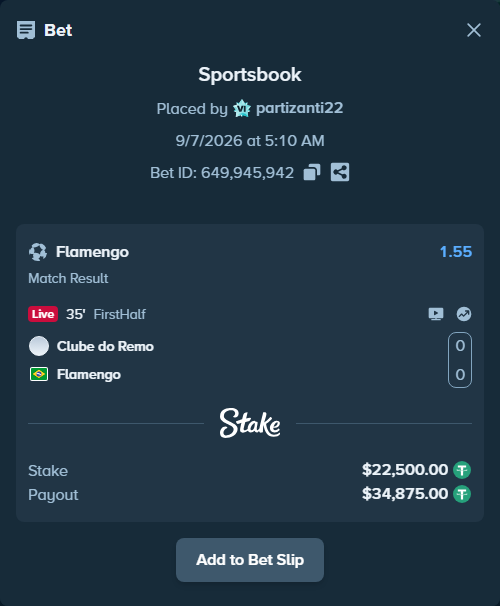 Bet slip: Remo - Flamengo, $22,500.00 stake at 1.55 odds, placed by partizanti22