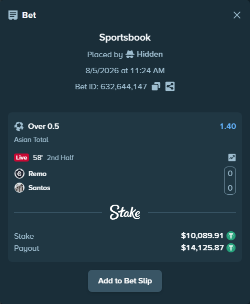Bet slip: Remo - Santos, $10,100.00 stake at 1.40 odds, placed by Hidden