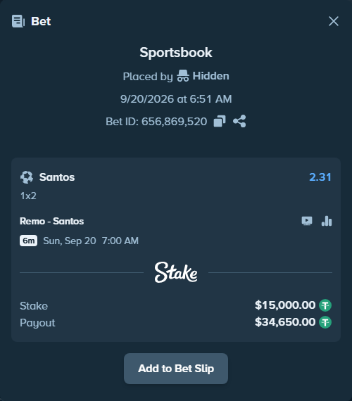 Bet slip: Remo - Santos, $15,000.00 stake at 2.31 odds, placed by Hidden