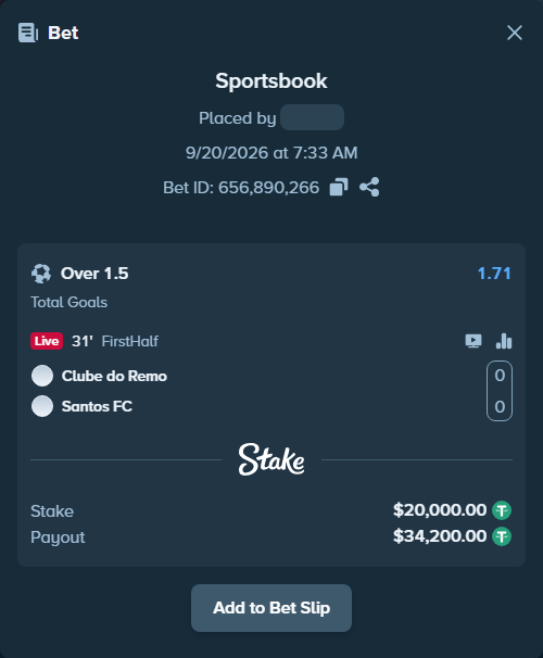 Bet slip: Remo - Santos, $20,000.00 stake at 1.71 odds, placed by tlwns4736