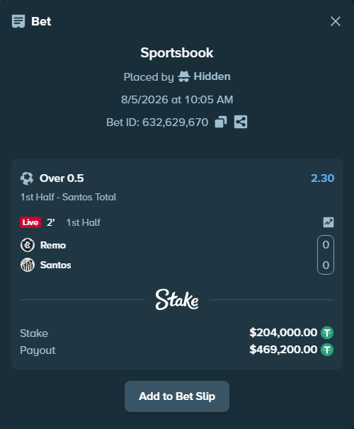 Bet slip: Remo - Santos, $204,204.00 stake at 2.30 odds, placed by Hidden