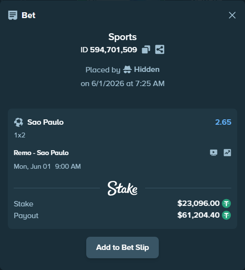 Bet slip: Remo - Sao Paulo, $23,119.10 stake at 2.65 odds, placed by Hidden