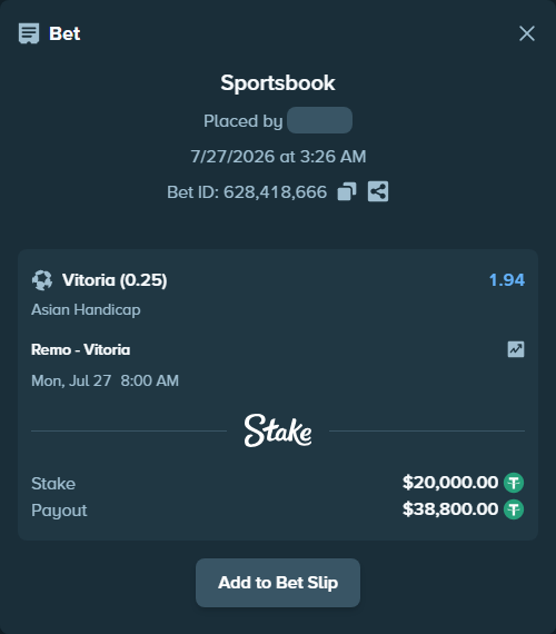 Bet slip: Remo - Vitoria, $20,000.00 stake at 1.94 odds, placed by guoziqi9