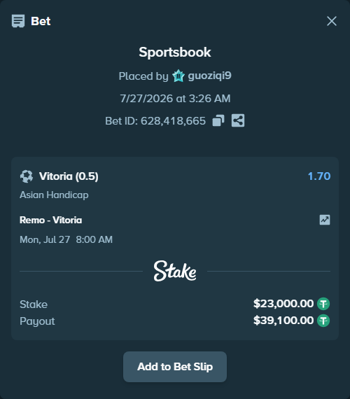Bet slip: Remo - Vitoria, $23,000.00 stake at 1.70 odds, placed by guoziqi9