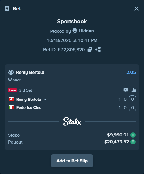 Bet slip: Remy Bertola - Federico Cina, $10,000.00 stake at 2.05 odds, placed by Hidden