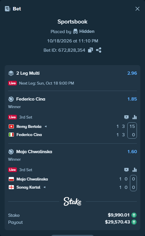 Bet slip: Remy Bertola - Federico Cina, $10,000.00 stake at 1.85 odds, placed by WinTr10