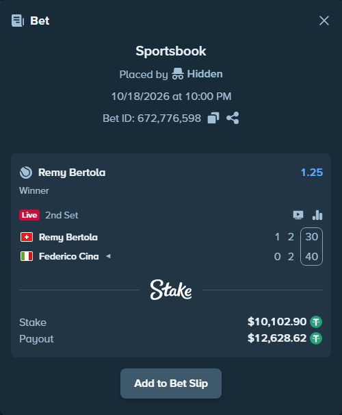Bet slip: Remy Bertola - Federico Cina, $10,113.00 stake at 1.25 odds, placed by Hidden