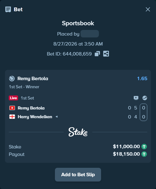 Bet slip: Remy Bertola - Harry Wendelken, $11,000.00 stake at 1.65 odds, placed by WinTr10