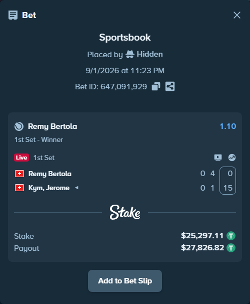 Bet slip: Remy Bertola - Kym, Jerome, $25,297.11 stake at 1.10 odds, placed by Hidden