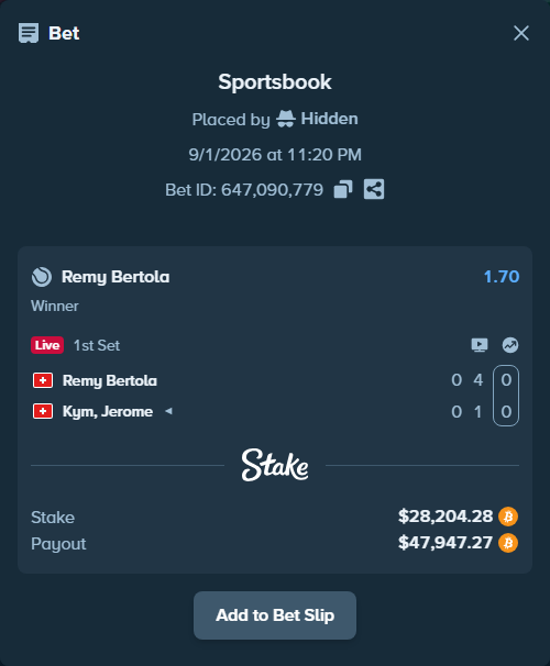 Bet slip: Remy Bertola - Kym, Jerome, $28,380.96 stake at 1.70 odds, placed by Hidden
