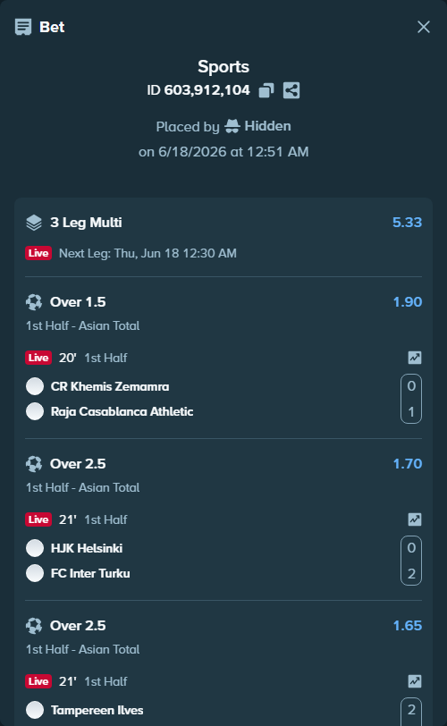 Bet slip: Renaissance Zemamra - Raja Casablanca Athletic, $11,589.37 stake at 1.90 odds, placed by Hidden