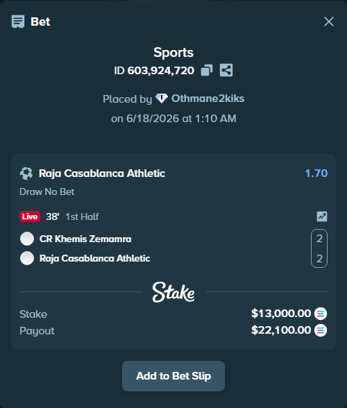 Bet slip: Renaissance Zemamra - Raja Casablanca Athletic, $12,330.03 stake at 1.70 odds, placed by Othmane2kiks
