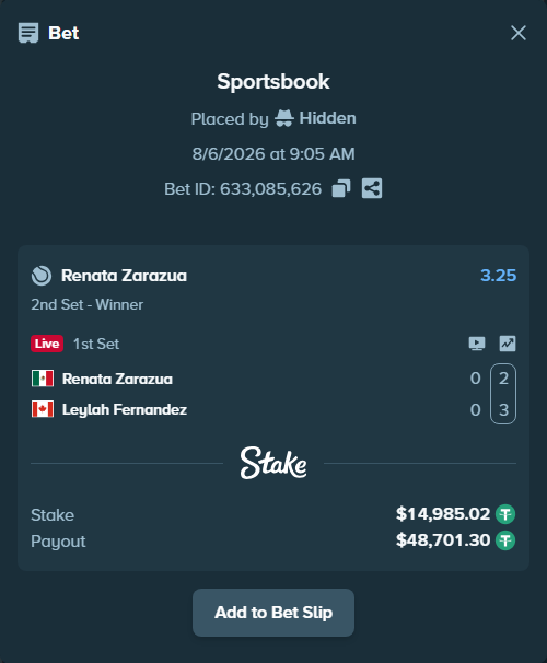 Bet slip: Renata Zarazua - Leylah Fernandez, $15,000.00 stake at 3.25 odds, placed by Hidden