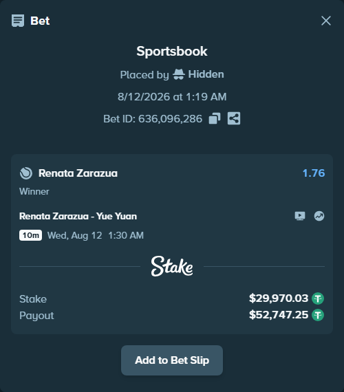 Bet slip: Renata Zarazua - Yue Yuan, $30,000.00 stake at 1.76 odds, placed by Hidden