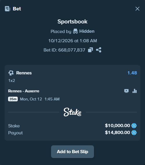 Bet slip: Rennes - Auxerre, $10,000.00 stake at 1.48 odds, placed by DerrickHarper