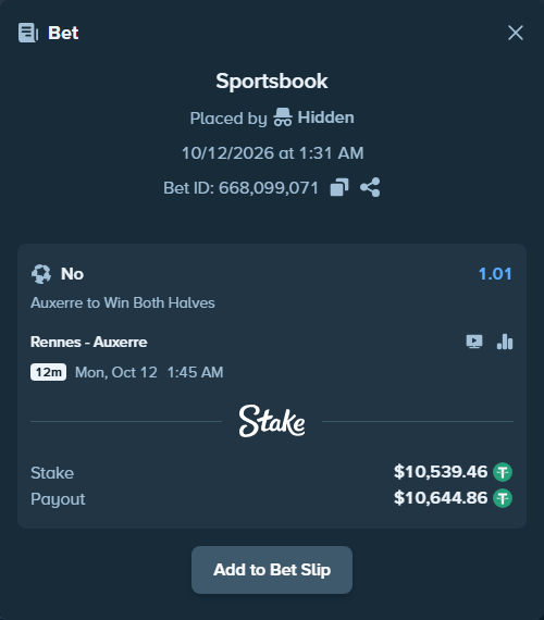 Bet slip: Rennes - Auxerre, $10,550.00 stake at 1.01 odds, placed by штирлицц