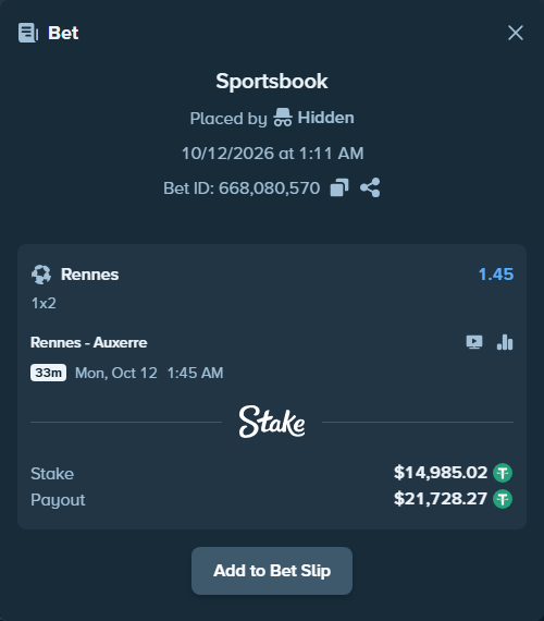 Bet slip: Rennes - Auxerre, $15,000.00 stake at 1.45 odds, placed by MitchellWit