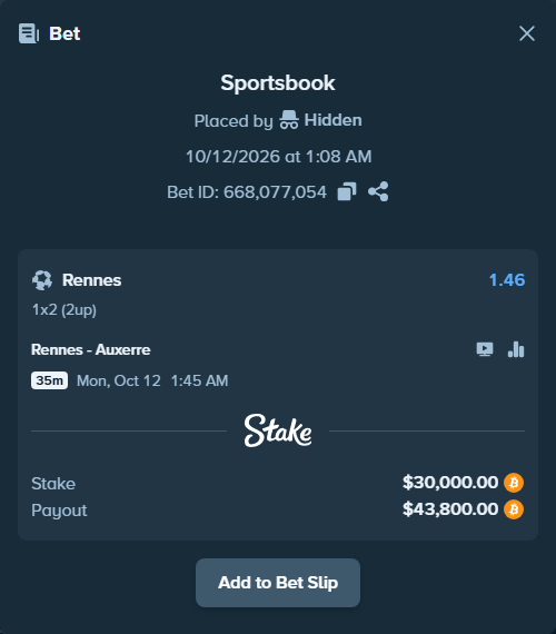 Bet slip: Rennes - Auxerre, $30,167.54 stake at 1.46 odds, placed by Hallfkh