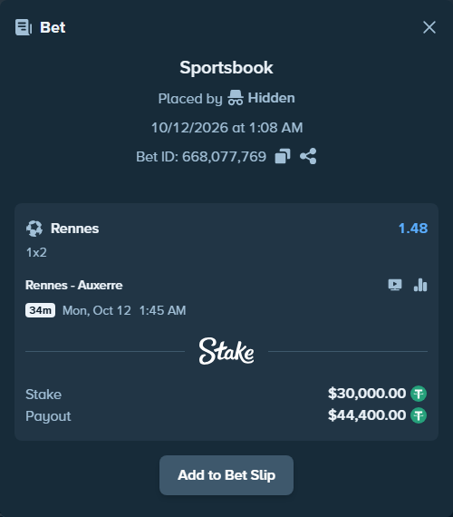 Bet slip: Rennes - Auxerre, $30,030.00 stake at 1.48 odds, placed by Hidden