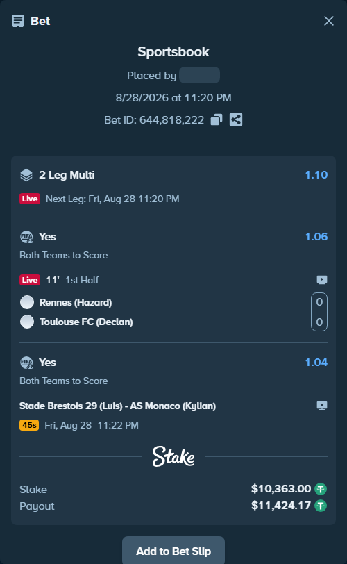 Bet slip: Rennes (Hazard) - Toulouse FC (Declan), $10,363.00 stake at 1.06 odds, placed by Josecarmelo