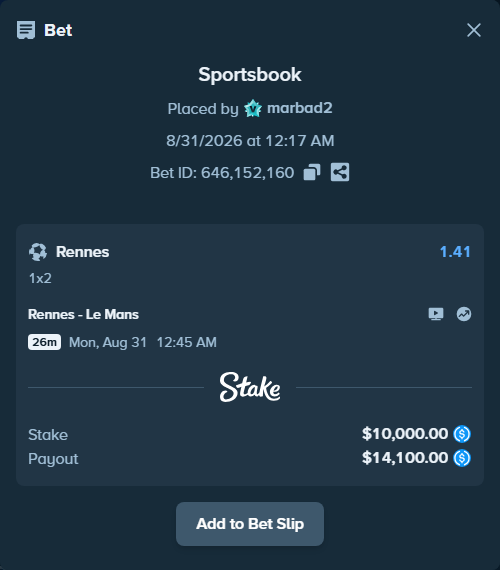 Bet slip: Rennes - Le Mans, $10,000.00 stake at 1.41 odds, placed by marbad2
