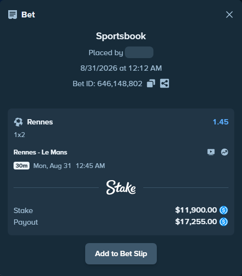 Bet slip: Rennes - Le Mans, $11,900.00 stake at 1.45 odds, placed by albachche