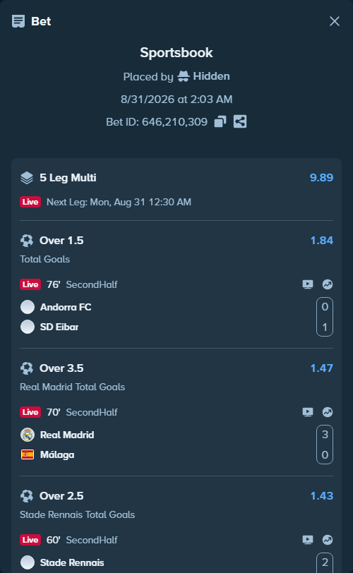 Bet slip: Rennes - Le Mans, $18,380.00 stake at 1.43 odds, placed by Hidden