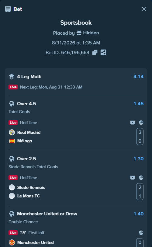 Bet slip: Rennes - Le Mans, $58,700.00 stake at 1.30 odds, placed by Hidden