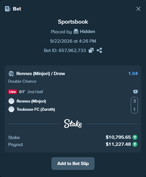 Bet slip: Rennes (Minjori) - Toulouse FC (Zaroth), $10,795.65 stake at 1.04 odds, placed by Hidden