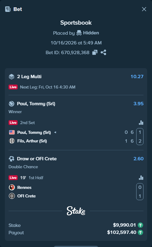 Bet slip: Rennes - OFI Crete, $10,000.00 stake at 2.60 odds, placed by Hidden