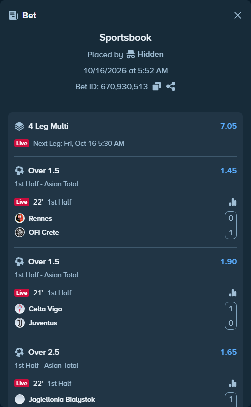 Bet slip: Rennes - OFI Crete, $10,000.00 stake at 1.45 odds, placed by Hidden