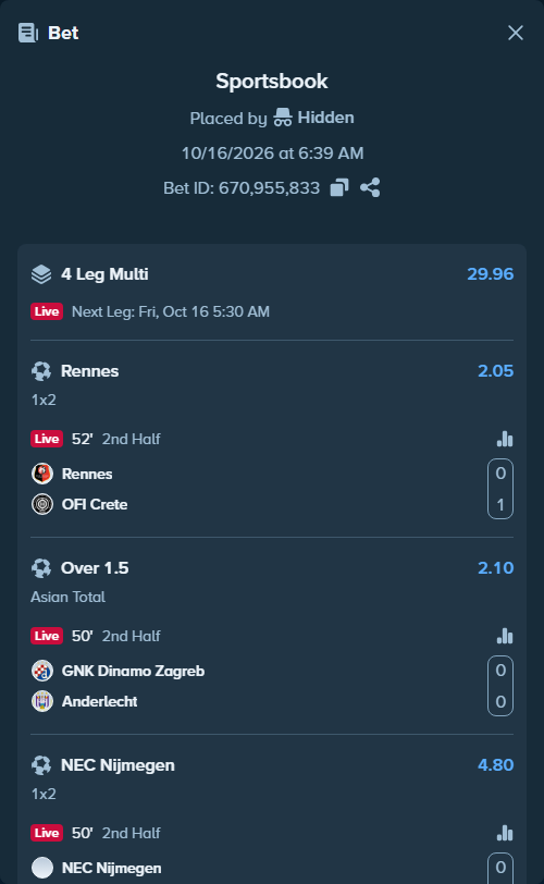 Bet slip: Rennes - OFI Crete, $10,000.00 stake at 2.05 odds, placed by Hidden