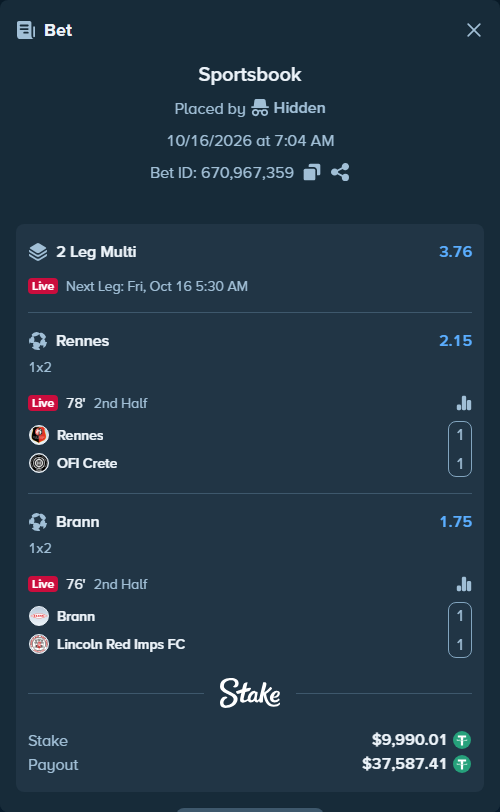 Bet slip: Rennes - OFI Crete, $10,000.00 stake at 2.15 odds, placed by Hidden