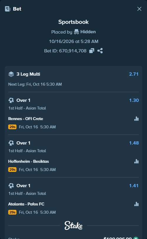 Bet slip: Rennes - OFI Crete, $100,107.00 stake at 1.30 odds, placed by Hidden