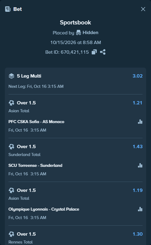 Bet slip: Rennes - OFI Crete, $121,975.95 stake at 1.30 odds, placed by Hidden