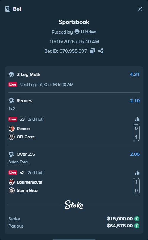 Bet slip: Rennes - OFI Crete, $15,015.00 stake at 2.10 odds, placed by Hidden
