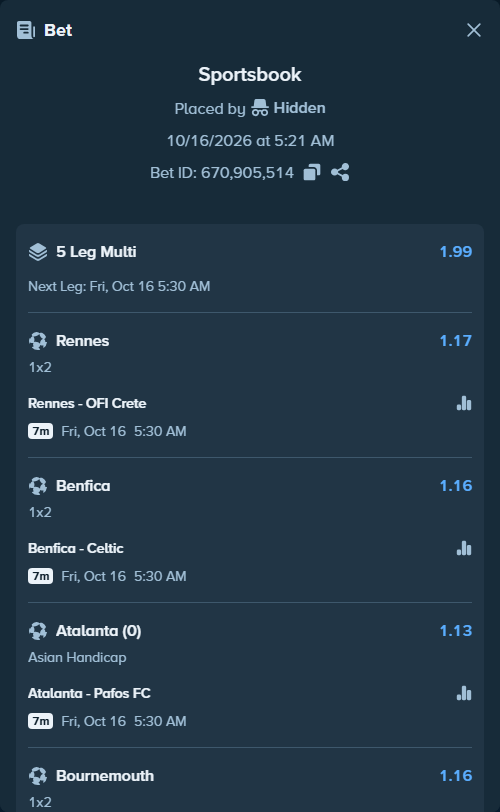 Bet slip: Rennes - OFI Crete, $20,112.00 stake at 1.17 odds, placed by Haliasovskyi