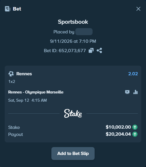 Bet slip: Rennes - Olympique Marseille, $10,000.00 stake at 2.02 odds, placed by lven5